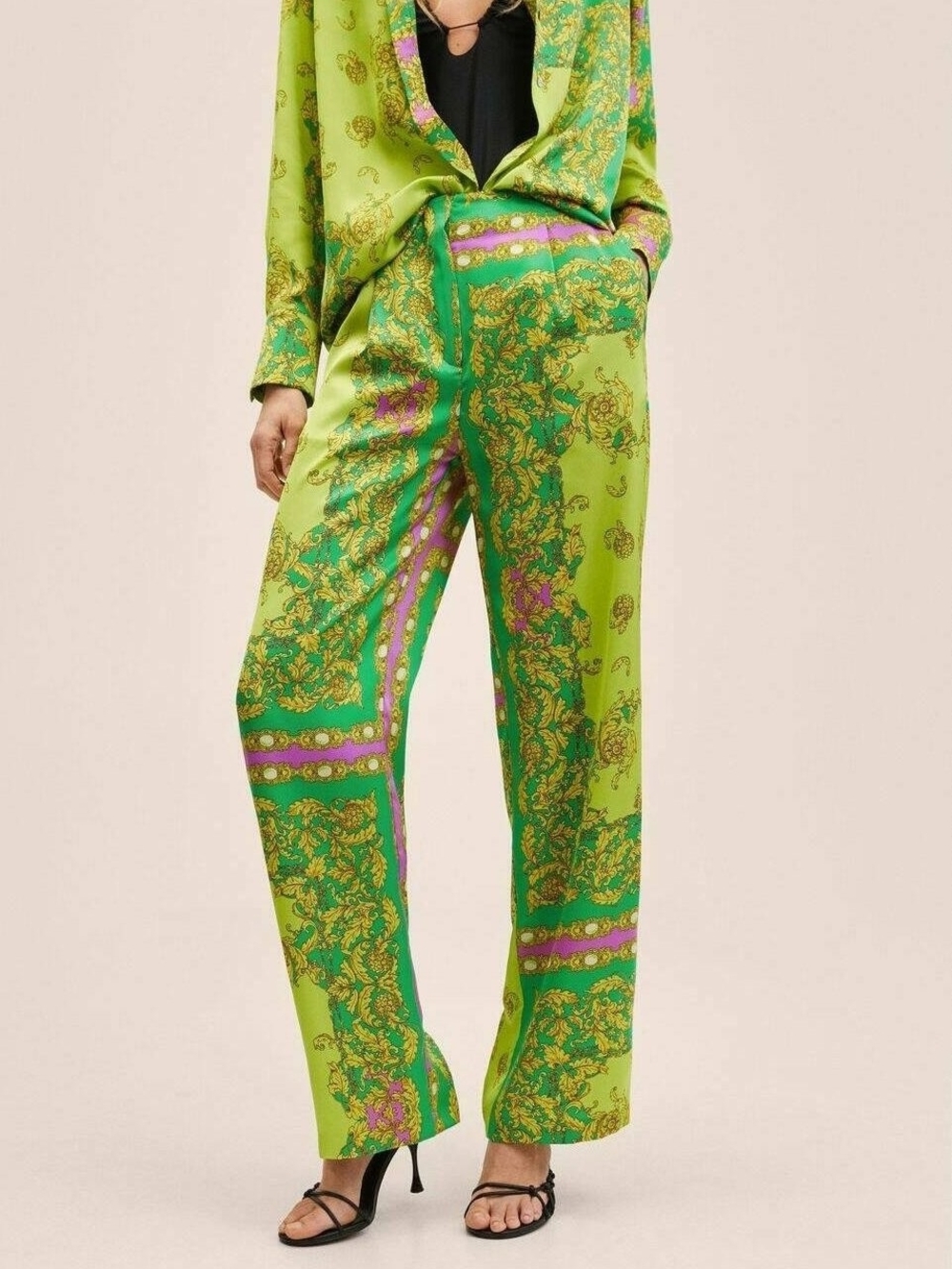 Mango Green & Emerald Baroque-Print Wide-Leg Satin Pant And Button Down Top Set